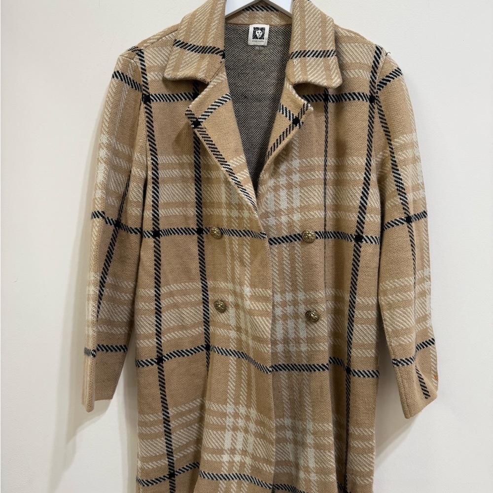 Anne Klein Plaid Tan Sweater Trench Coat Blazer